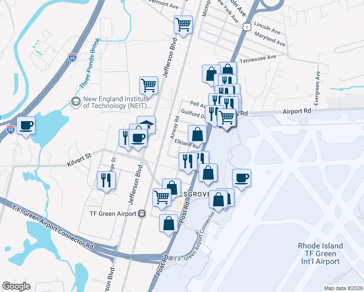 map of restaurants, bars, coffee shops, grocery stores, and more near 27 Richfield Street in Warwick