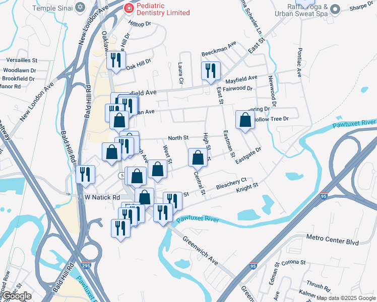 map of restaurants, bars, coffee shops, grocery stores, and more near 48 Central Street in Warwick