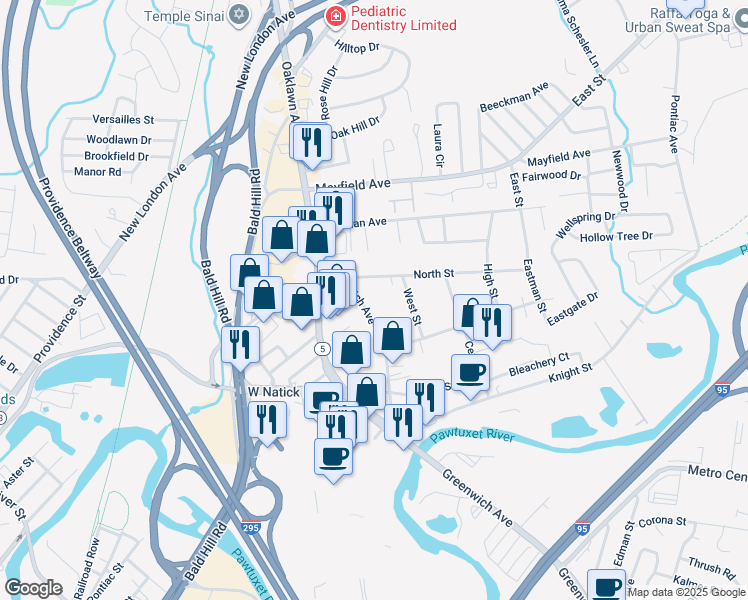 map of restaurants, bars, coffee shops, grocery stores, and more near 101 Greenwich Avenue in Warwick