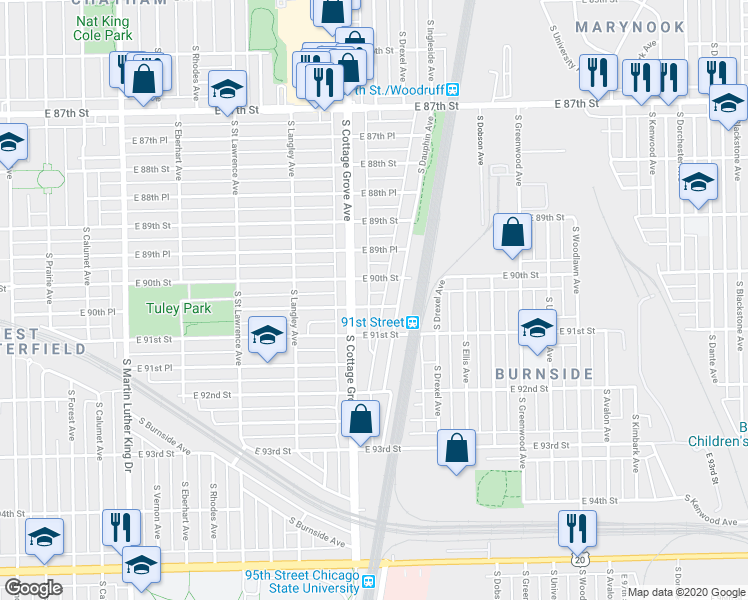 map of restaurants, bars, coffee shops, grocery stores, and more near 9040 South Dauphin Avenue in Chicago