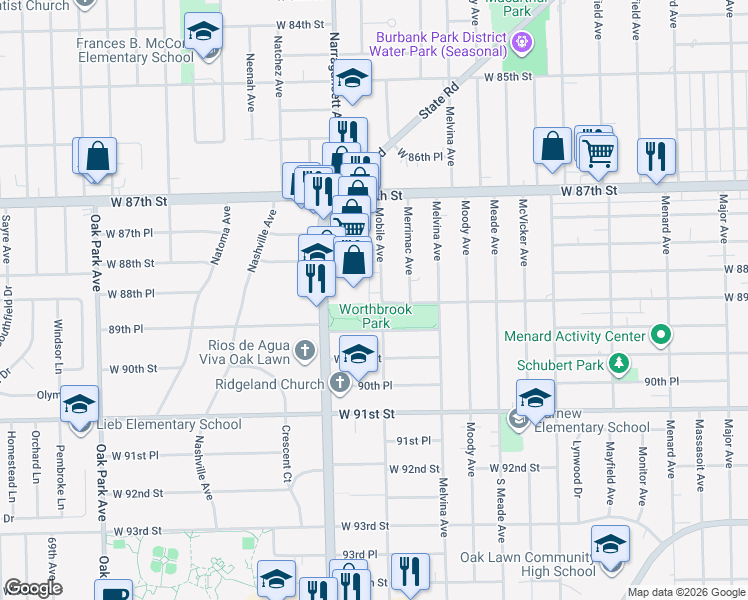 map of restaurants, bars, coffee shops, grocery stores, and more near 89th Place in Oak Lawn