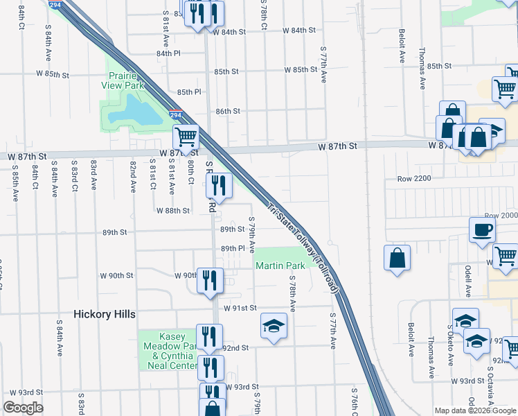 map of restaurants, bars, coffee shops, grocery stores, and more near 8818 South 79th Avenue in Hickory Hills