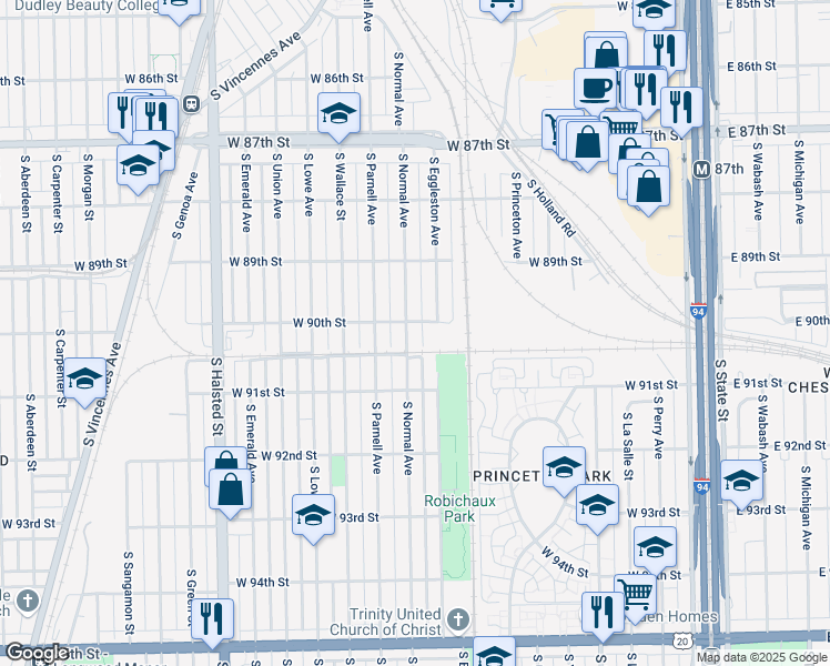 map of restaurants, bars, coffee shops, grocery stores, and more near 9023 South Normal Avenue in Chicago