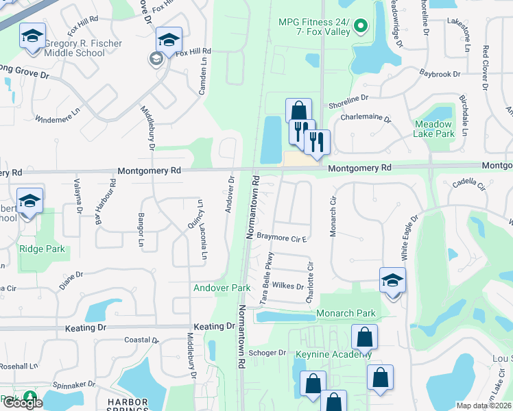 map of restaurants, bars, coffee shops, grocery stores, and more near 1410 Normantown Road in Aurora