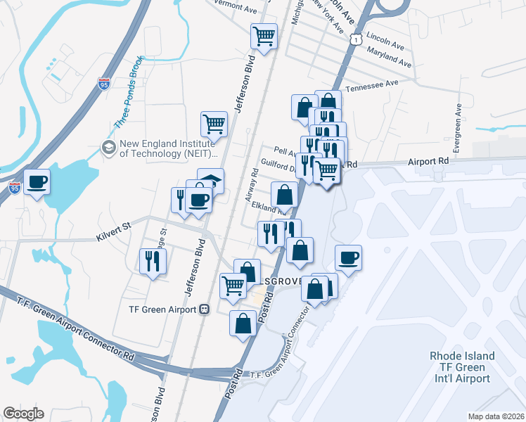 map of restaurants, bars, coffee shops, grocery stores, and more near 27 Richfield Street in Warwick