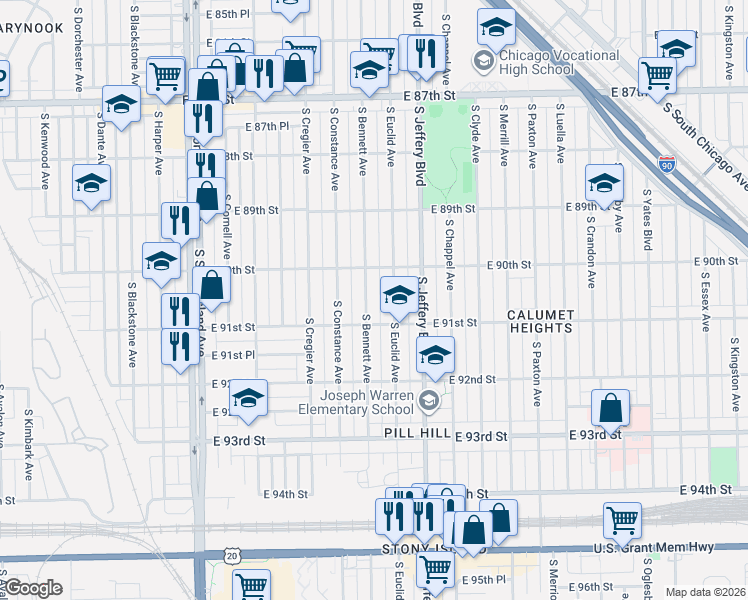 map of restaurants, bars, coffee shops, grocery stores, and more near 9055 South Bennett Avenue in Chicago