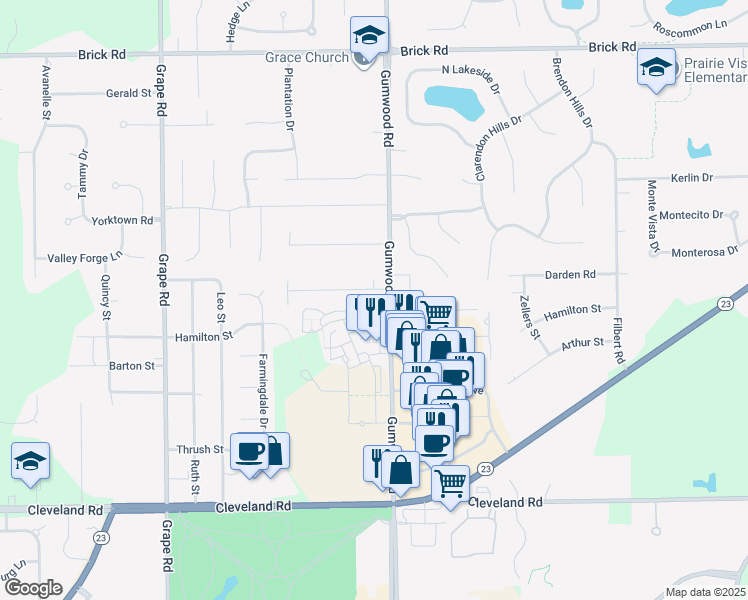 map of restaurants, bars, coffee shops, grocery stores, and more near 52513 Gumwood Road in Granger
