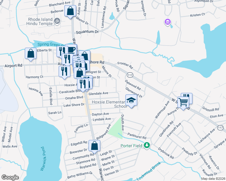 map of restaurants, bars, coffee shops, grocery stores, and more near 137 Moore Street in Warwick