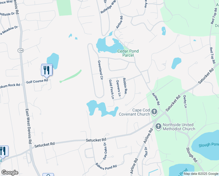 map of restaurants, bars, coffee shops, grocery stores, and more near 28 Gold Finch Lane in Dennis