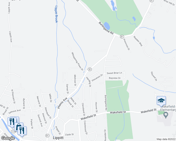 map of restaurants, bars, coffee shops, grocery stores, and more near 165 Rhode Island 51 in West Warwick