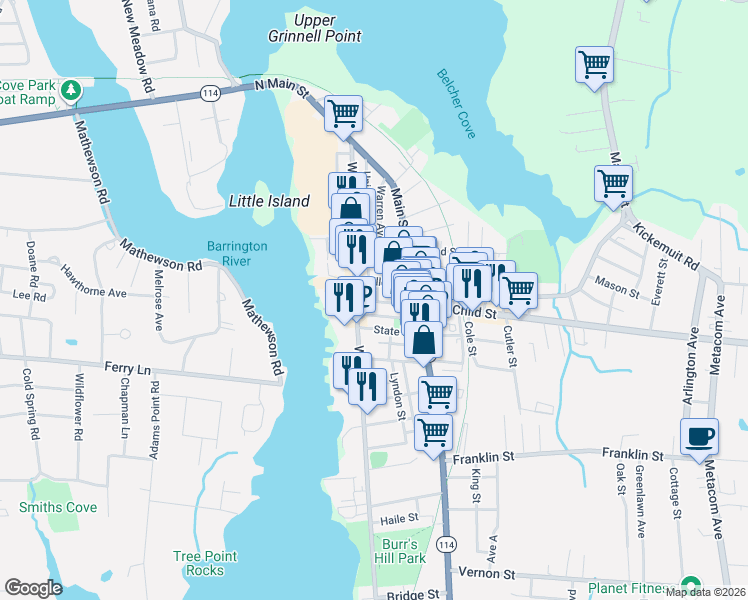 map of restaurants, bars, coffee shops, grocery stores, and more near 40 Church Street in Warren