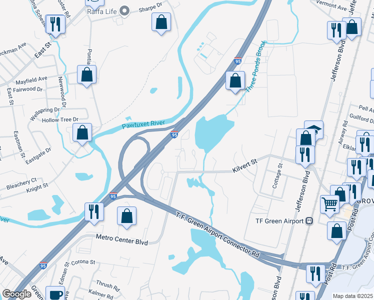 map of restaurants, bars, coffee shops, grocery stores, and more near 475 Kilvert Street in Warwick