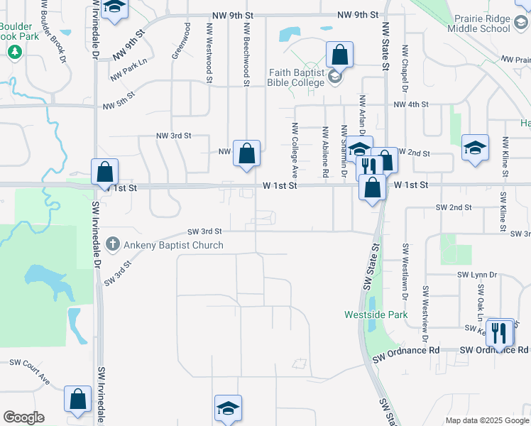 map of restaurants, bars, coffee shops, grocery stores, and more near 201 Southwest Linden Street in Ankeny