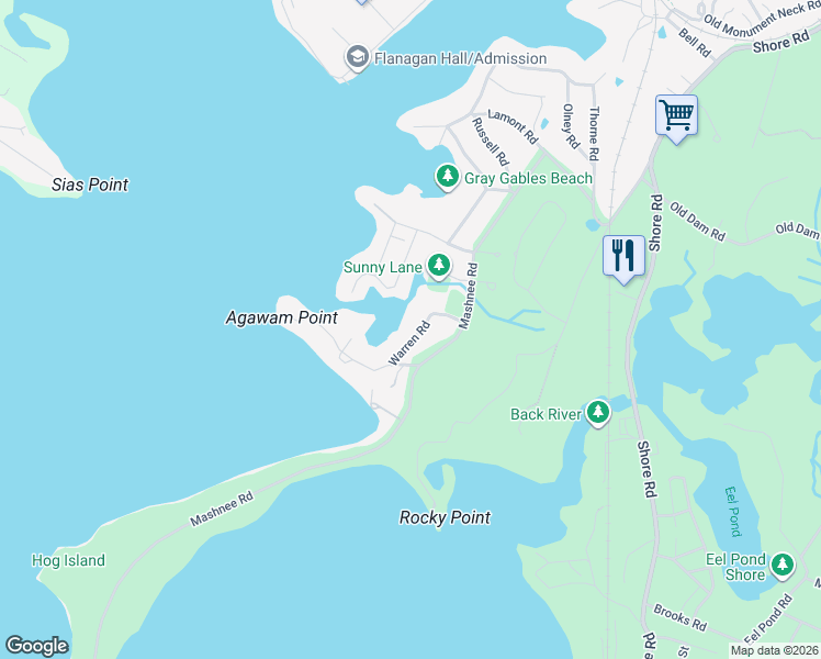 map of restaurants, bars, coffee shops, grocery stores, and more near 44 Mashnee Road in Bourne
