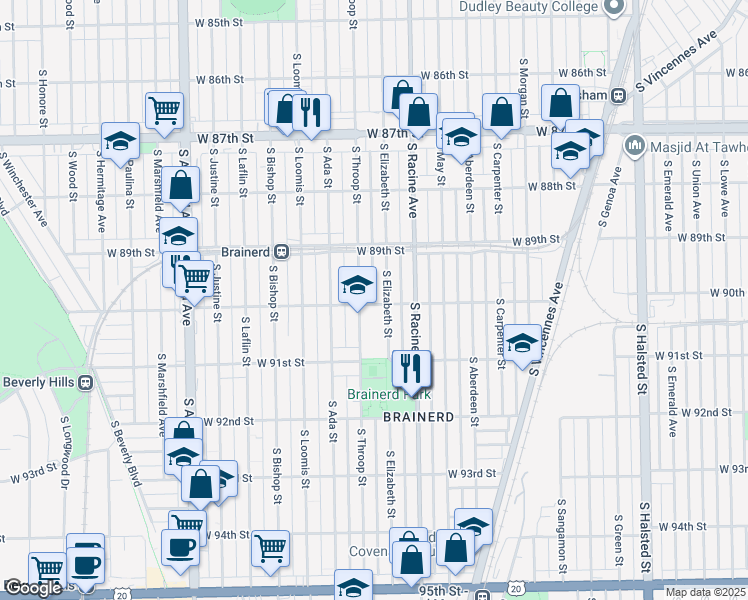 map of restaurants, bars, coffee shops, grocery stores, and more near 1240 West 90th Street in Chicago