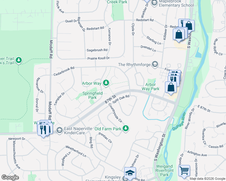 map of restaurants, bars, coffee shops, grocery stores, and more near 137 Split Oak Road in Naperville