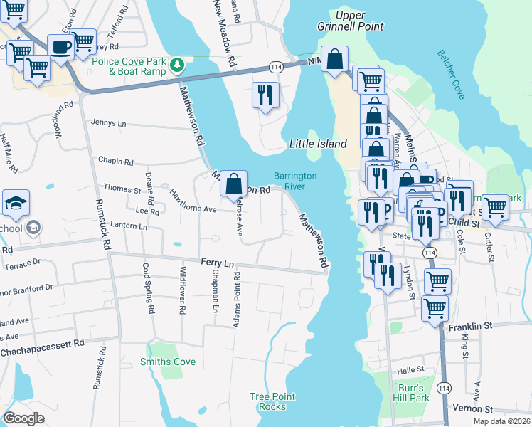 map of restaurants, bars, coffee shops, grocery stores, and more near 14 Harbour Road in Barrington