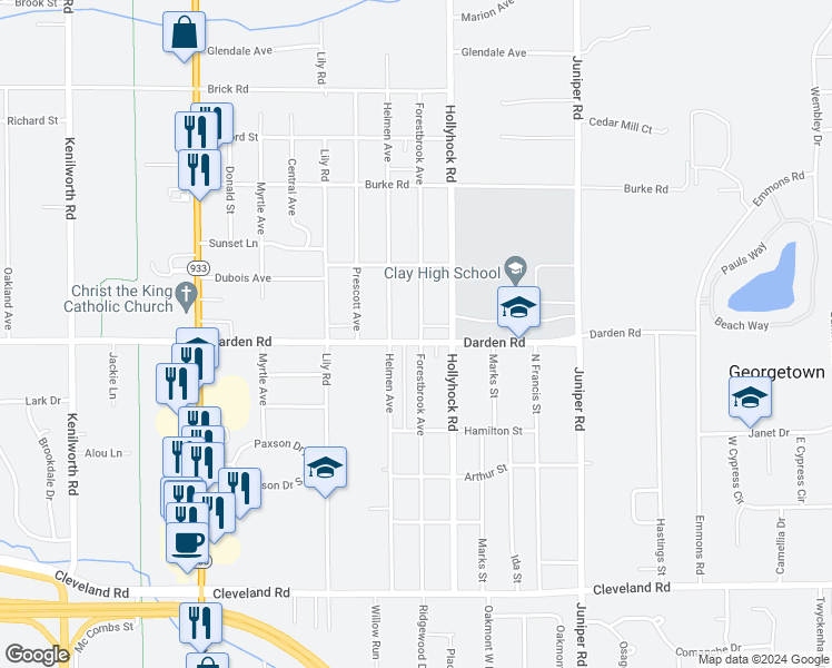 map of restaurants, bars, coffee shops, grocery stores, and more near 19346 Darden Road in South Bend