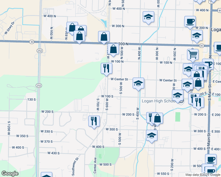 map of restaurants, bars, coffee shops, grocery stores, and more near 543 West 100 North in Logan