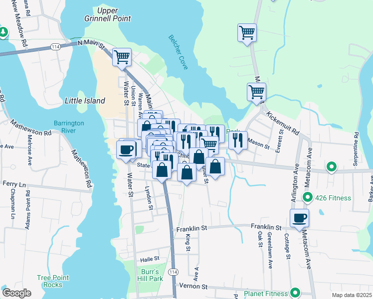 map of restaurants, bars, coffee shops, grocery stores, and more near 85 Child Street in Warren