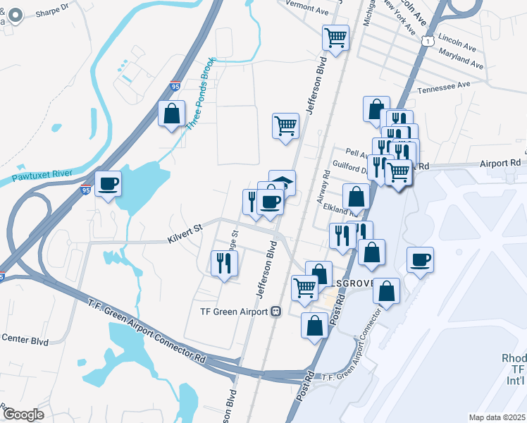 map of restaurants, bars, coffee shops, grocery stores, and more near 157 Kilvert Street in Warwick