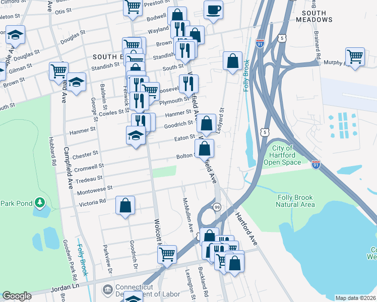 map of restaurants, bars, coffee shops, grocery stores, and more near 21 Bolton Street in Hartford