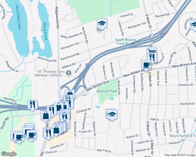 map of restaurants, bars, coffee shops, grocery stores, and more near 1340 New Britain Avenue in West Hartford