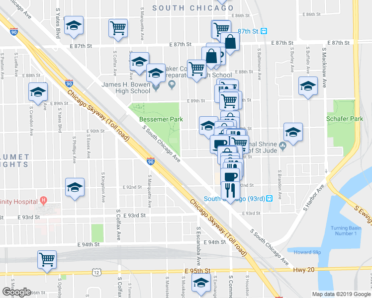 map of restaurants, bars, coffee shops, grocery stores, and more near 2842 East 91st Street in Chicago