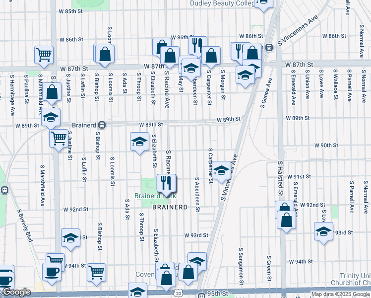 map of restaurants, bars, coffee shops, grocery stores, and more near 9012 South Aberdeen Street in Chicago