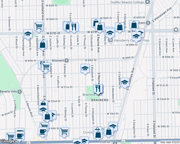map of restaurants, bars, coffee shops, grocery stores, and more near 9012 South Throop Street in Chicago