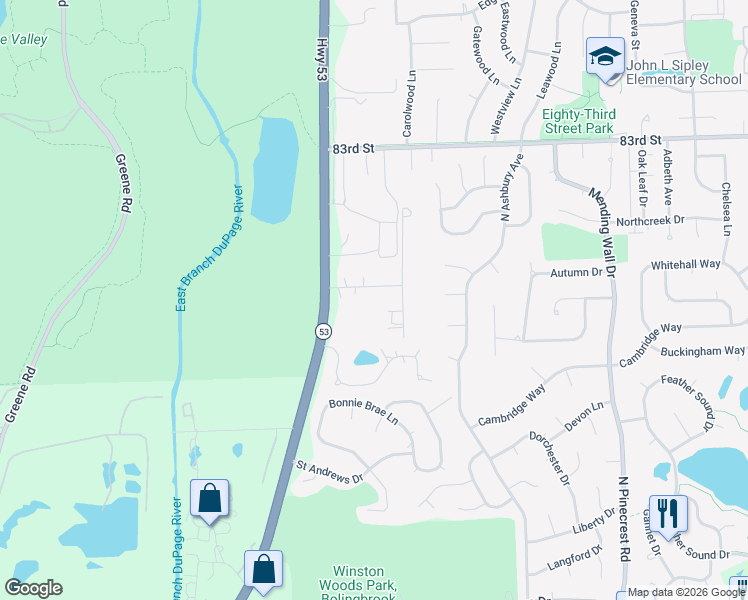 map of restaurants, bars, coffee shops, grocery stores, and more near 8516 Una Avenue in Naperville