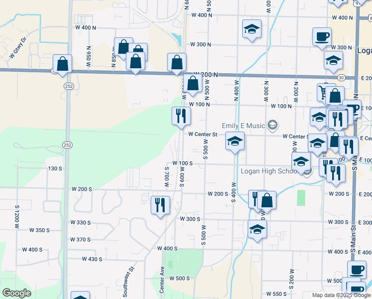 map of restaurants, bars, coffee shops, grocery stores, and more near 54 South 600 West in Logan