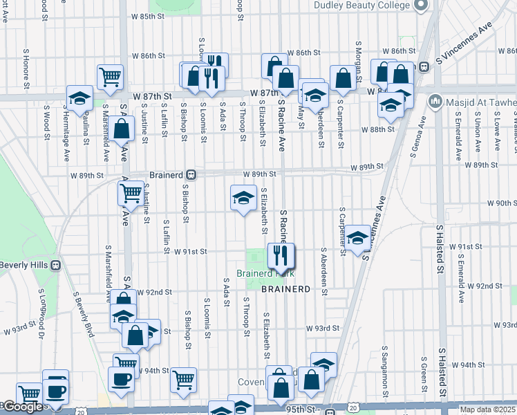 map of restaurants, bars, coffee shops, grocery stores, and more near 8956 South Elizabeth Street in Chicago