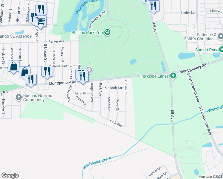 map of restaurants, bars, coffee shops, grocery stores, and more near 651 Kimberly Lane in Montgomery