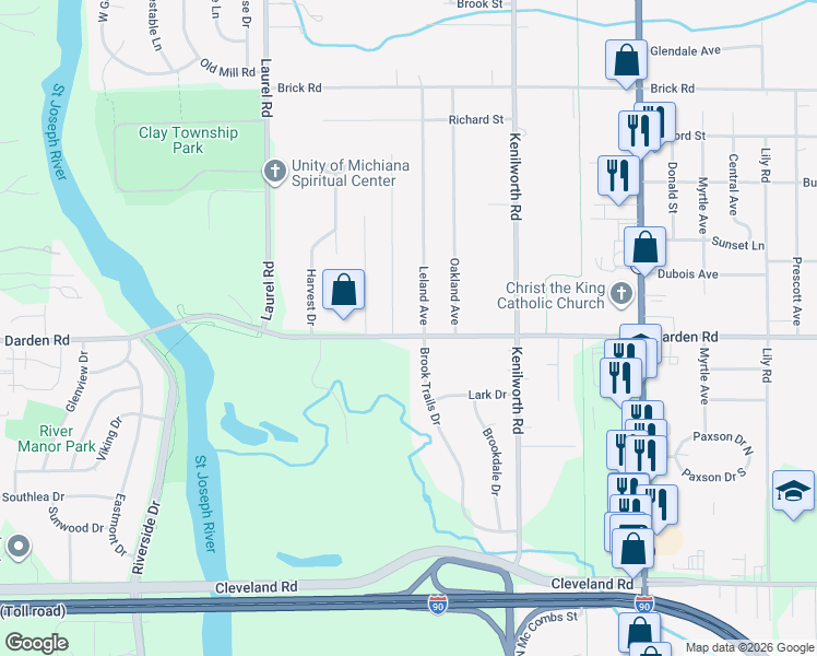 map of restaurants, bars, coffee shops, grocery stores, and more near 19910 Darden Road in South Bend