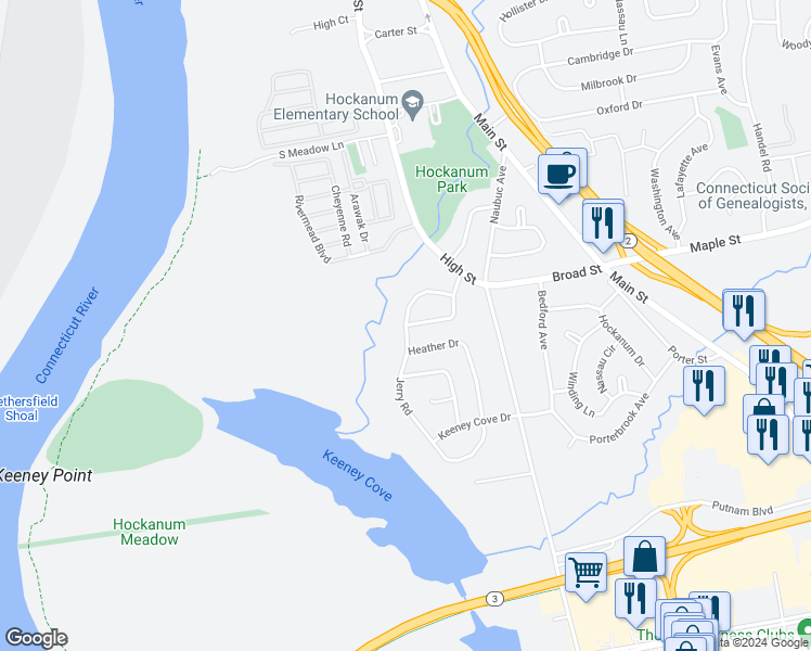 map of restaurants, bars, coffee shops, grocery stores, and more near Jerry Road & Cloverdale Drive in East Hartford