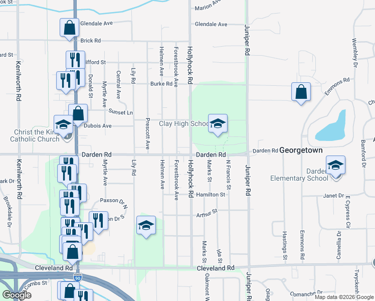 map of restaurants, bars, coffee shops, grocery stores, and more near 19271 Darden Road in South Bend
