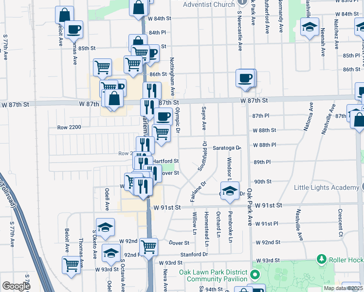 map of restaurants, bars, coffee shops, grocery stores, and more near 8900 Olympic Drive in Bridgeview