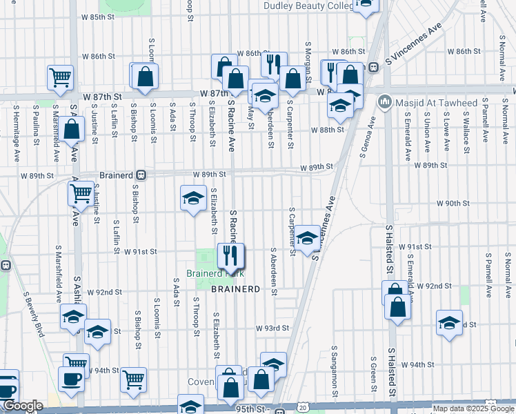 map of restaurants, bars, coffee shops, grocery stores, and more near 9012 South Aberdeen Street in Chicago
