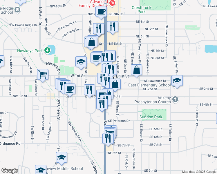 map of restaurants, bars, coffee shops, grocery stores, and more near 217 South Ankeny Boulevard in Ankeny