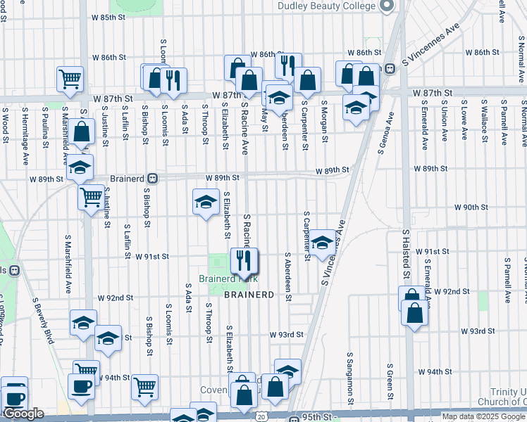 map of restaurants, bars, coffee shops, grocery stores, and more near 1134 West 90th Street in Chicago