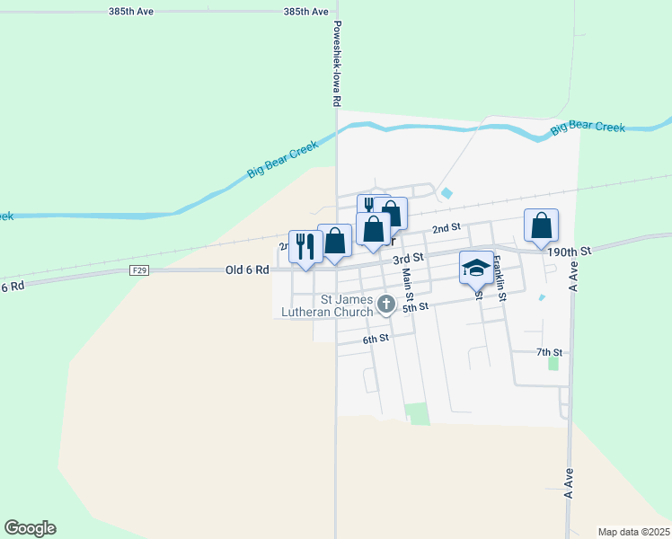 map of restaurants, bars, coffee shops, grocery stores, and more near Poweshiek-Iowa Road in Victor
