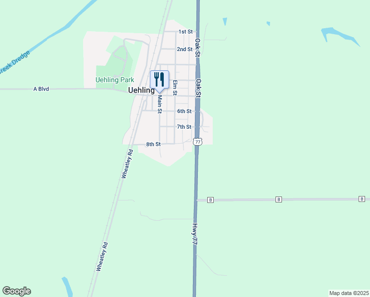 map of restaurants, bars, coffee shops, grocery stores, and more near 125 8th Street in Uehling