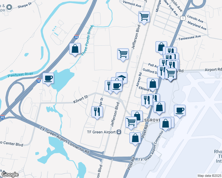 map of restaurants, bars, coffee shops, grocery stores, and more near 157 Kilvert Street in Warwick