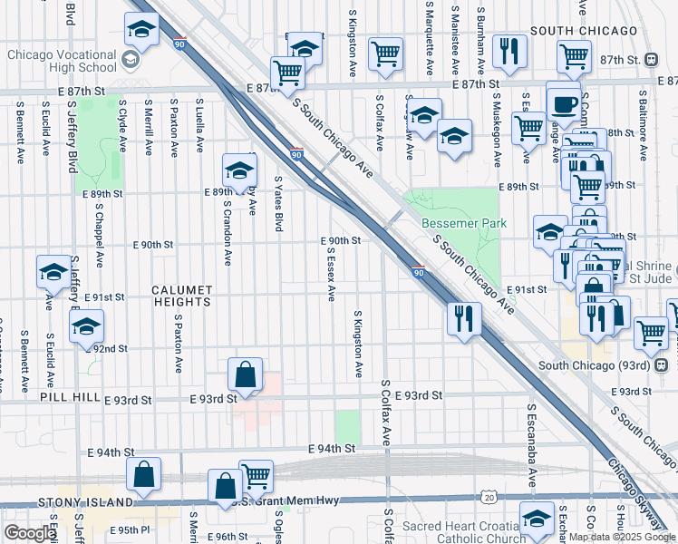 map of restaurants, bars, coffee shops, grocery stores, and more near 2520 East 91st Street in Chicago
