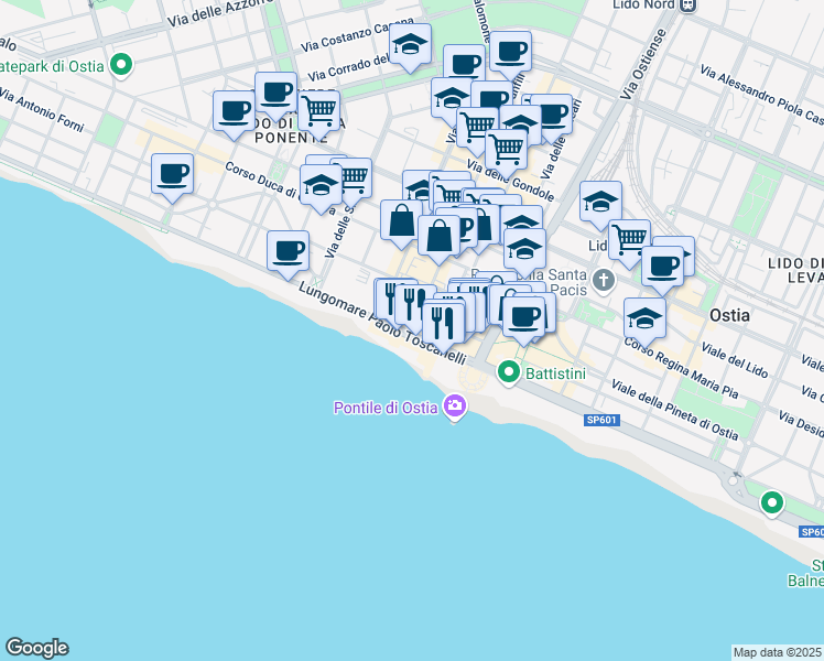 map of restaurants, bars, coffee shops, grocery stores, and more near 154 Lungomare Paolo Toscanelli in Lido di Ostia