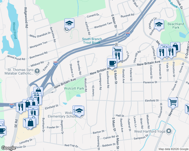 map of restaurants, bars, coffee shops, grocery stores, and more near 26 Thorne Road in West Hartford