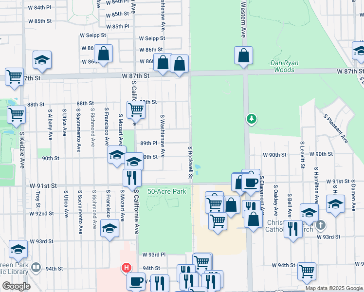 map of restaurants, bars, coffee shops, grocery stores, and more near 2613 89th Place in Evergreen Park