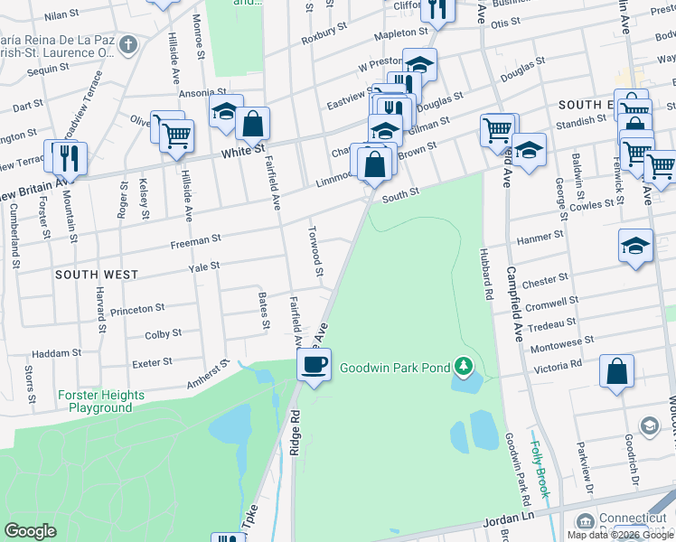 map of restaurants, bars, coffee shops, grocery stores, and more near 3 Salem Street in Hartford