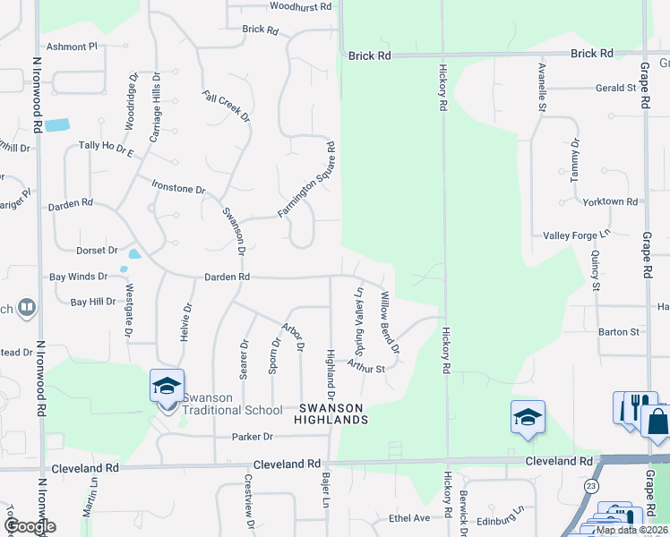 map of restaurants, bars, coffee shops, grocery stores, and more near 52461-52575 Highland Drive in South Bend